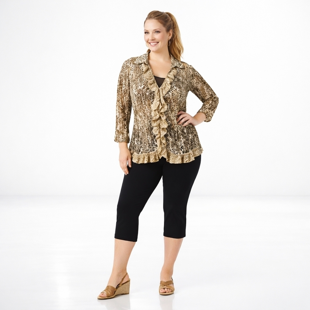 Fashion Bug L Tan Leopard Lace Pleated Sheer Blouse